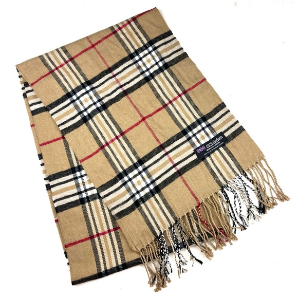 British Plaid Pure Cashmere Tan Black Fringed Scarf Made in Scotland - Picture 1 of 2